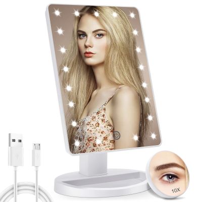 COSMIRROR Lighted Makeup Vanity Mirror with 10X Magnifying Mirror, 21 LED Lighted Mirror with Touch Sensor Dimming, 180Adjustable Rotation, Dual Power Supply, Portable Cosmetic Mirror (White)