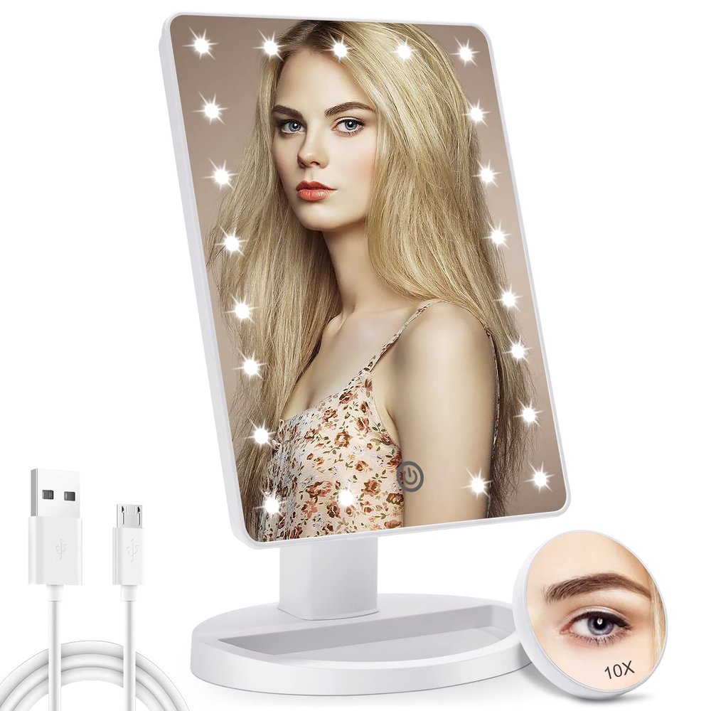 COSMIRROR Lighted Makeup Vanity Mirror with 10X Magnifying Mirror, 21 LED Lighted Mirror with Touch Sensor Dimming, 180Adjustable Rotation, Dual Power Supply, Portable Cosmetic Mirror (White)