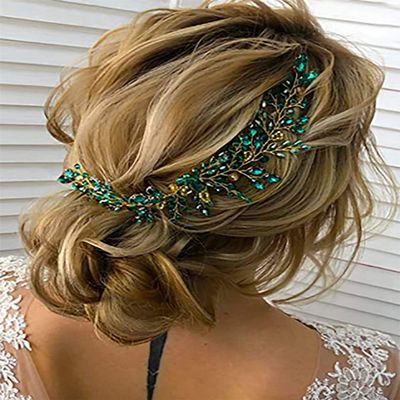 Denifery Emerald Wedding Hair Piece Green Hair Vine Bridal Gold Jewelry Headpiece Wedding Hair Accessories