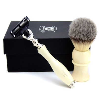Ivory Colour Men's Shaving Set. Set Includes Synthetic Hair Shaving Brush, 3 Types of Razor to Choose. Perfect Set (Triple Edge Razor)