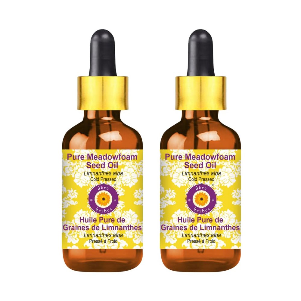 Deve Herbes Pure Meadowfoam Seed Oil (Limnanthes alba) with Glass Dropper Cold Pressed (Pack of Two) 100ml X 2 (6.76 oz)