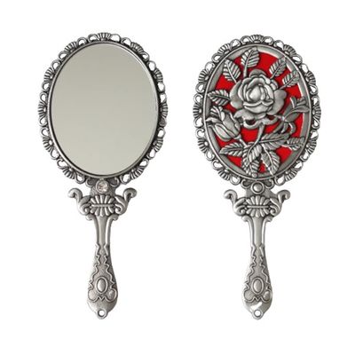 SEHAMANO HOME Vintage Hand Mirror with Embossed Rose on The Back Handheld Makeup Beauty Metal Mirror Compact Purse Small Mirror (Tin (Matt Silver))