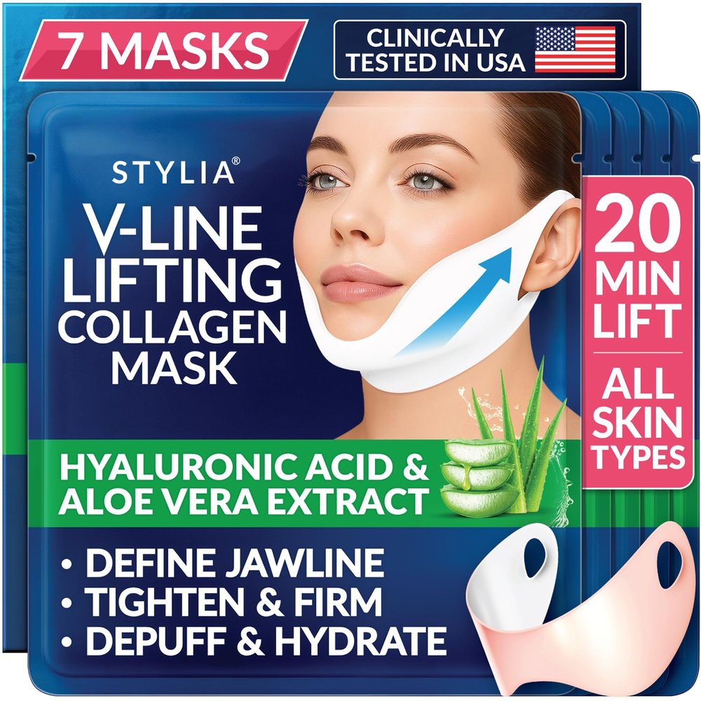 Stylia V Line Lifting Collagen Mask - Lift, Firm & Contour Jawline - Double Chin Reducer Strap with Hyaluronic Acid & Aloe - Neck Tightening and Lifting Mask - Jawline Shaper Face Lift Tape (7PC)