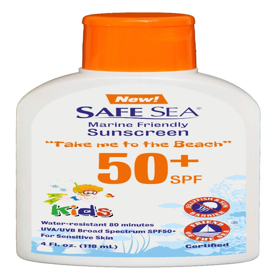 Safe Sea Jellyfish Sting-Blocking Sunscreen for Kids, SPF 50+ Lotion 4oz, Waterproof, Biodegradable, Coral Reef-Safe Body and Face Sunscreen, Anti-Jellyfish and Sea-Lice sting protection.
