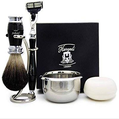 5 Pieces Men's Shaving Set in Black(Black Badger Hair Brush, 3 Different Type of Razor to Choose, Brush & Razor Holder & Shaving Soap) Blades not Included. Perfect As a Gift (Triple Edge Razor)