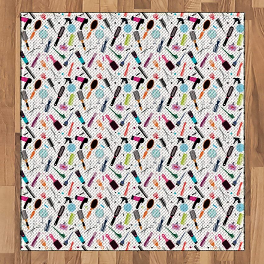 Ambesonne Hair Salon Area Rug, Combination of Beauty Salon Icons Combs Hair Dryer Hair Brush Mirror and Scissor, Flat Woven Accent Rug for Living Room Bedroom Dining Room, 2.6 x 5 FT, Multicolor