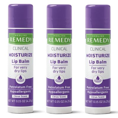 Medline Remedy Clinical Lip Balm, 3 Count, Citrus Scent, Moisturizing, Hydrating, Nourish, Nutrient Rich, Soothing Natural Oils, Revitalize, Comforting, Skin Conditioners, 0.15 oz Stick
