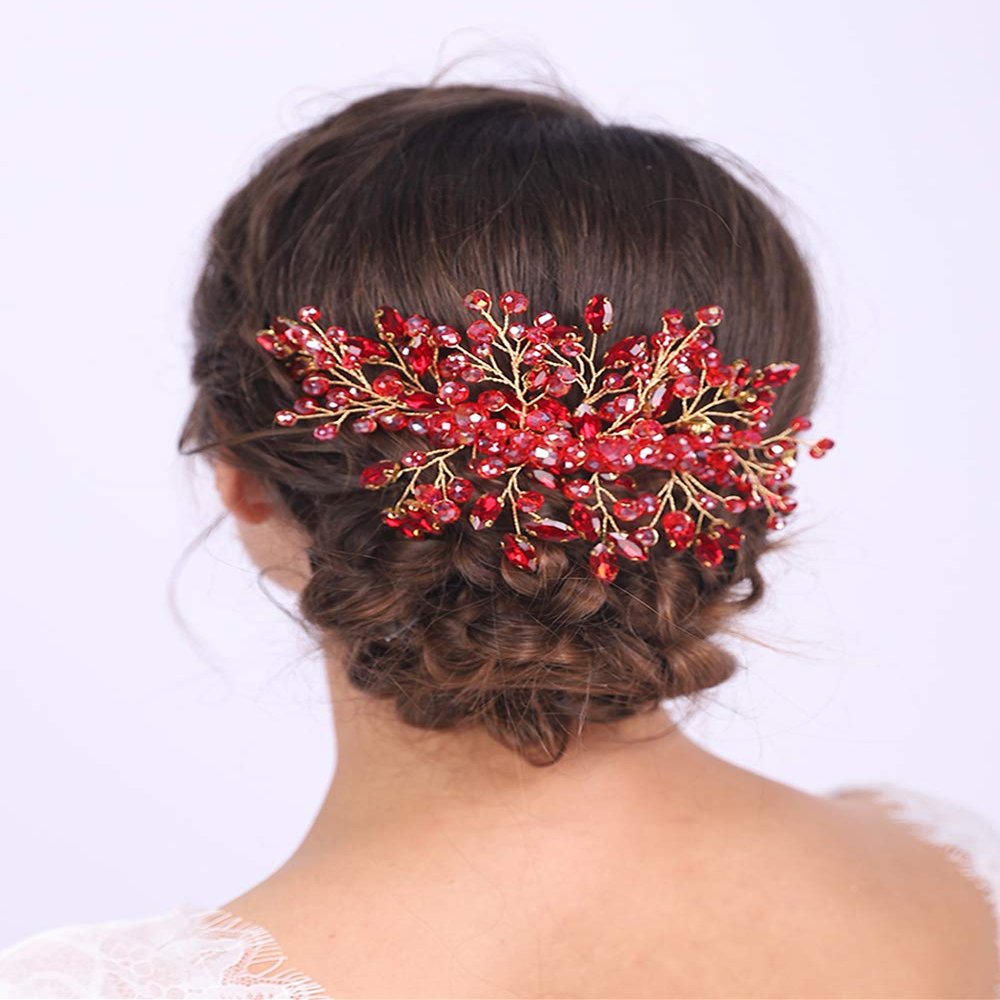 Aimimier Bridal Red Hair Comb Ruby Sapphire Emerald Amethyst Black Pink Crystal Hair Piece Wedding Hair Accessories for Women and Girls (Red)