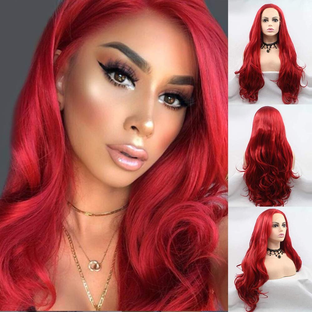 Red Lace Front Wigs for Women Pastel Red Lave Front Wigs Pre Plucked Hairline Long Wavy Glueless Lace WIg Synthetic Heat Resistant Fiber Hair Middle Parting Wave Hot Red Wigs Drag Cosplay 24inch