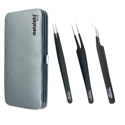 3 Pcs Kit of Eyelash Extension Tweezers with Magnetic Kit - Made In Surgical Stainless Steel (Black Matt Powder Coated)