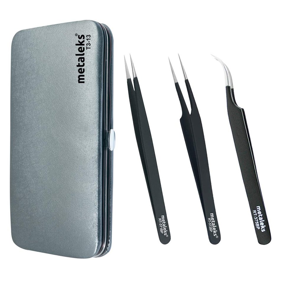 3 Pcs Kit of Eyelash Extension Tweezers with Magnetic Kit - Made In Surgical Stainless Steel (Black Matt Powder Coated)
