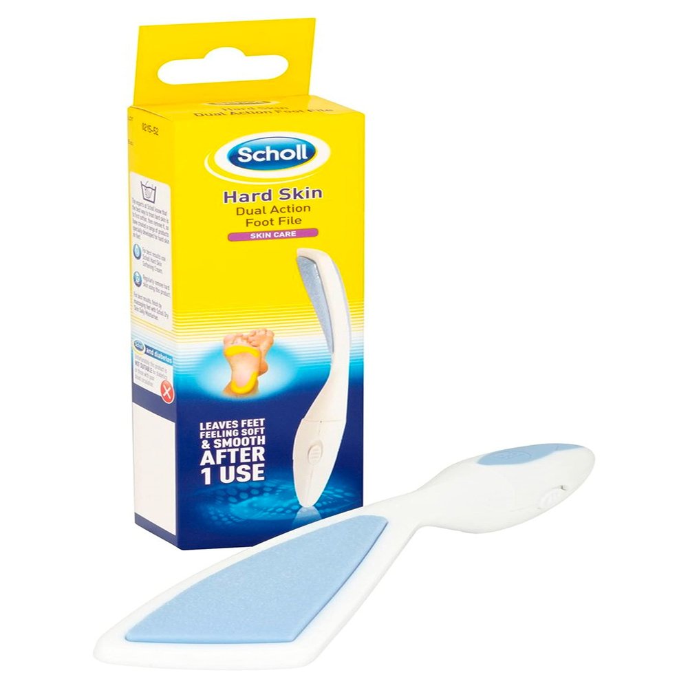 Scholl Hard Skin Foot File - Double Action Footfile for Hard Skin Removal and Rough Skin Smoothing, Soft Grip Extendable Handle for Comfortable Use