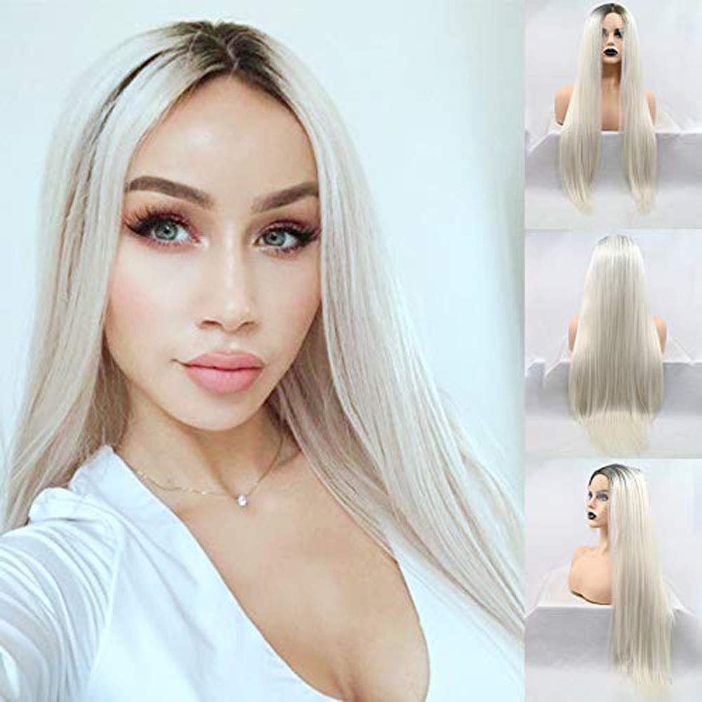Platinum Blonde Lace Front Wigs for Women Blonde Long Synthetic Wigs with Dark Roots Ombre Blonde Long Straight Real Hair Wig Glueless Heat Resistant Drag Cosplay Daily Party Use 24inches