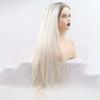 Platinum Blonde Lace Front Wigs for Women Blonde Long Synthetic Wigs with Dark Roots Ombre Blonde Long Straight Real Hair Wig Glueless Heat Resistant Drag Cosplay Daily Party Use 24inches view 4