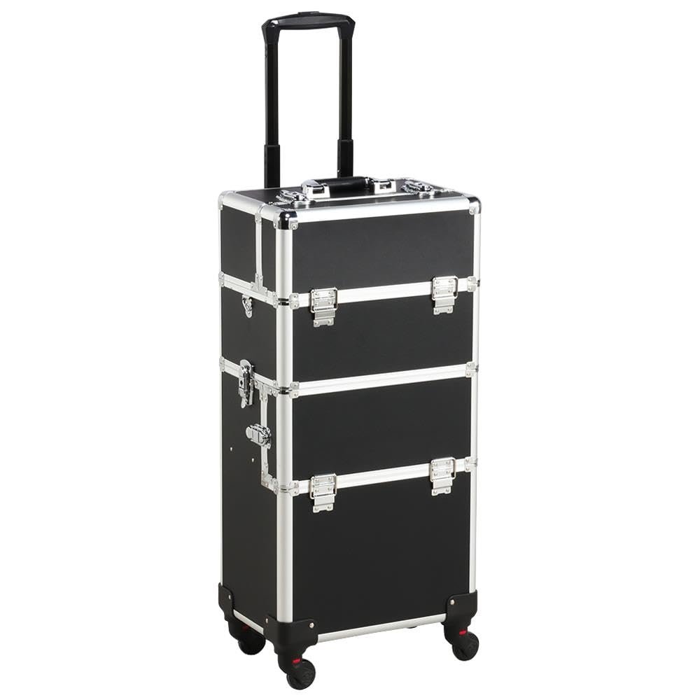 Yaheetech Rolling Makeup Train Case 3 in 1 Cosmetic Makeup Case Large Aluminum Trolley Makeup Travel Case Professional Rolling Cosmetic Beauty Storage, with 360 Swivel Wheels, Black