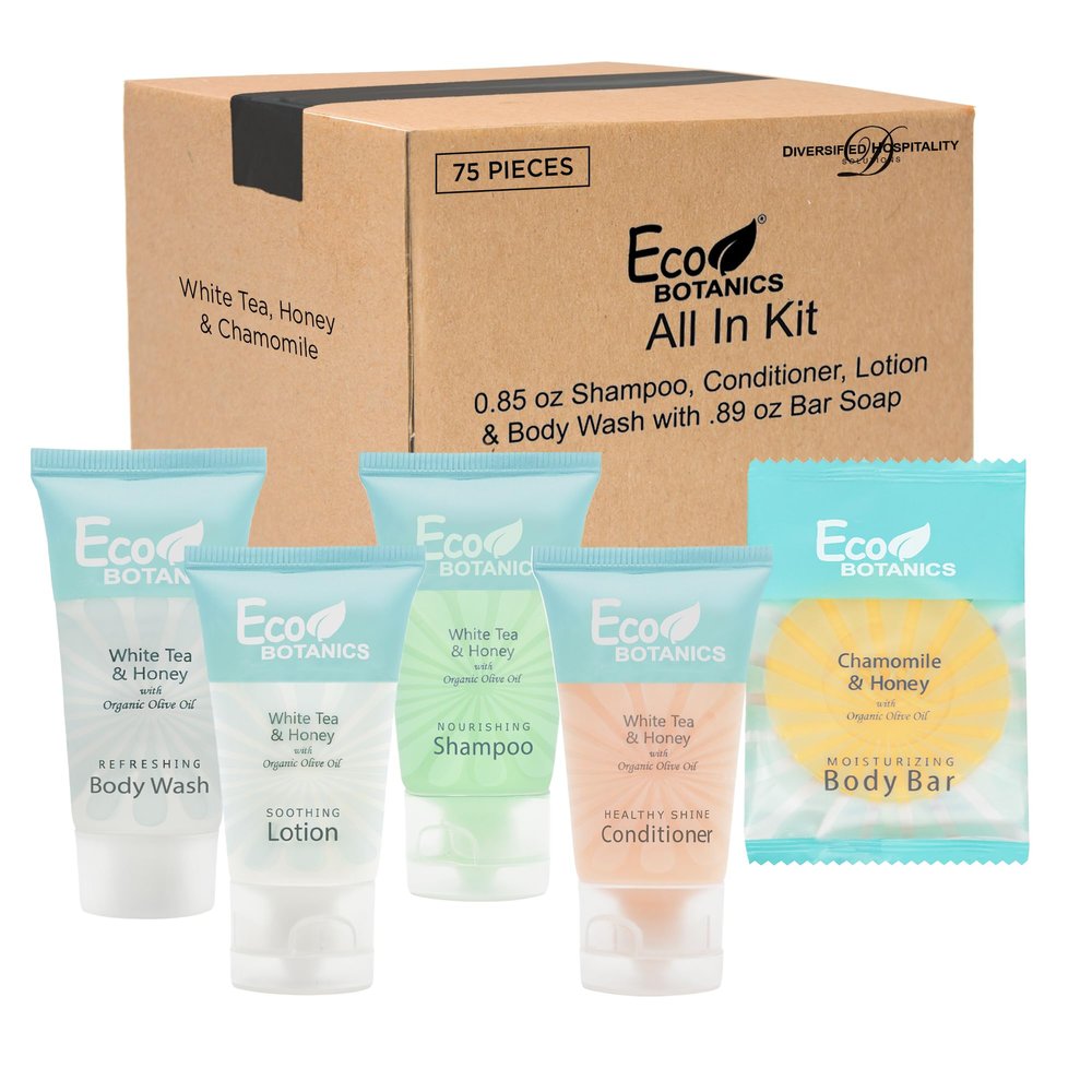 Terra Pure Eco Botanics Hotel Soaps and Toiletries Bulk Set | 1-Shoppe All-In-Kit Amenities |0.85oz Shampoo & Conditioner, Body Wash, Body Lotion & 0.89oz Bar Soap Travel Size | 75 Pieces