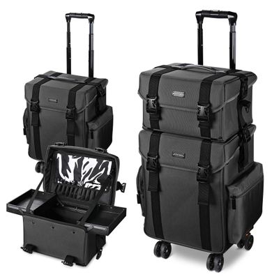 BYOOTIQUE 2in1 Soft Sided Rolling Makeup Train Case Trolley Freelance Makeup Artist Cosmetic Organize Storage Travel Case with Wheels Classic Black