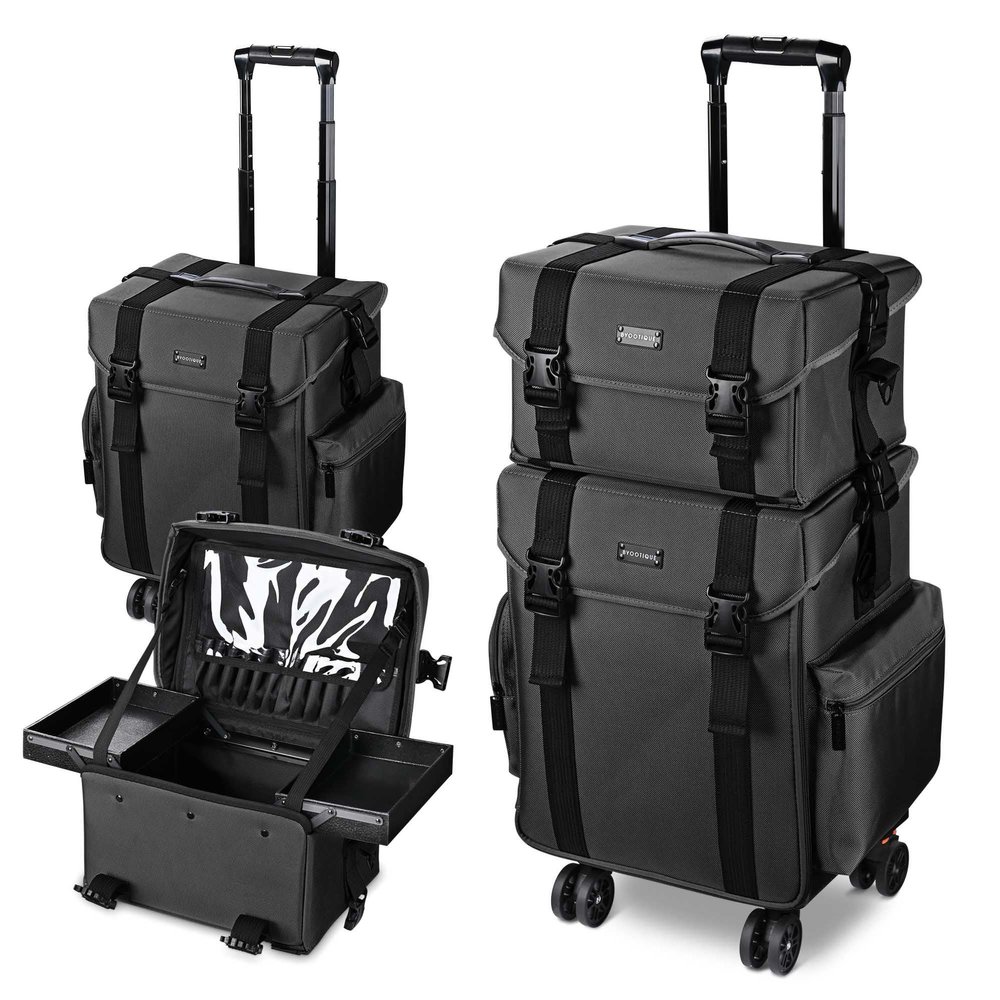 BYOOTIQUE 2in1 Soft Sided Rolling Makeup Train Case Trolley Freelance Makeup Artist Cosmetic Organize Storage Travel Case with Wheels Classic Black
