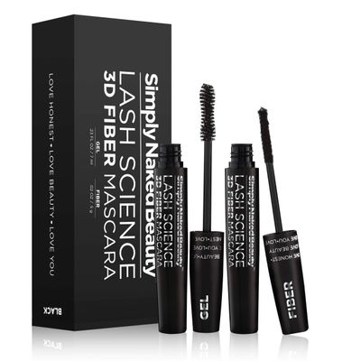 3D Fiber Lash Mascara Kit (2 tubes) by Simply Naked Beauty. Waterproof, lengthening voluminous, on lashes all day. Best and highest rated 3D and 4D gel and fiber formula. Non toxic, hypoallergenic, Natural. Black. One Gel Tube and One Fiber Tube incl
