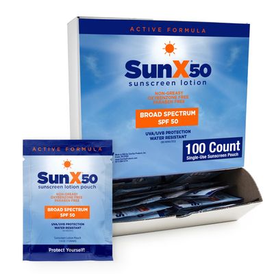 CoreTex Sun X 50 SPF Broad Spectrum Sunscreen Packets - Pack of 100 Paraben, Oxybenzone, Octinoxate, & Oil Free Sunscreen - No White Cast and Water Resistant Up to 80 Minutes