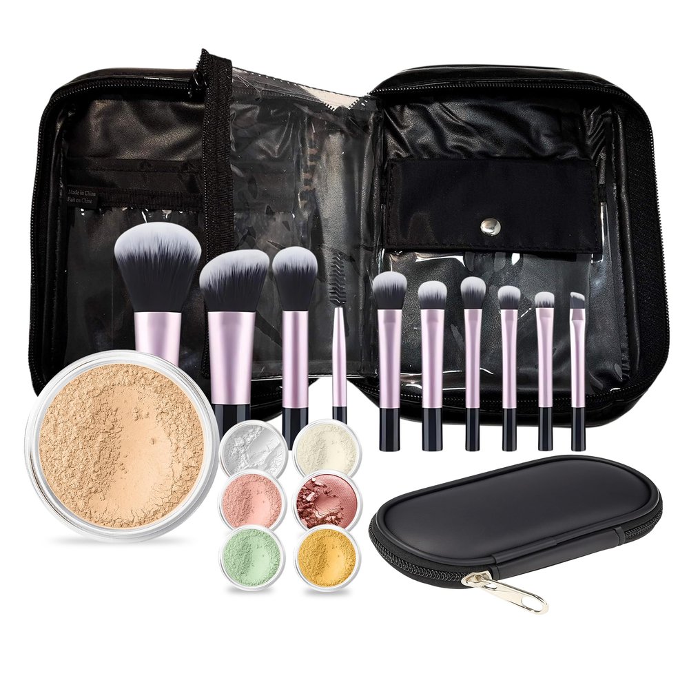 19 pc STARTER KIT w/BRUSHES & CASE (WARM Neutral Shade-Most Popular) Mineral Makeup Foundation Blush Bronzer Illuminating Veil Set Bare Skin Matte Powder