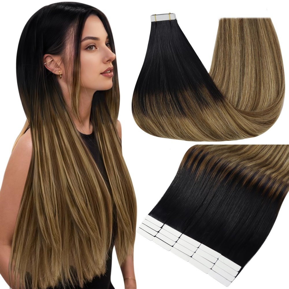 Full Shine Tape in Hair Extensions, Color 1B Off Black to 6 Medium Brown and 27 Honey Blonde, 12 Inch, 30g, 20PCS, Invisible Double Sided Remy Human Hair Extensions Tape in for Women