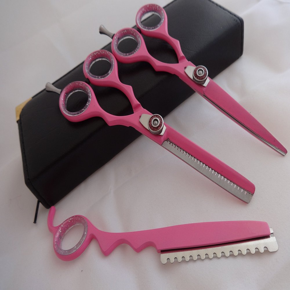 5.5" Professional Barber Razor Edge Powder Coated Hair Cutting and Texturizing Shears Scissors Pink with Straight Razor Student Teacher Kit Set+case Black