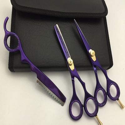 5.5" Professional Barber Razor Edge Powder Coated Hair Cutting and Texturizing Shears Scissors Purple with Straight Razor Student Teacher Kit Set+case Black