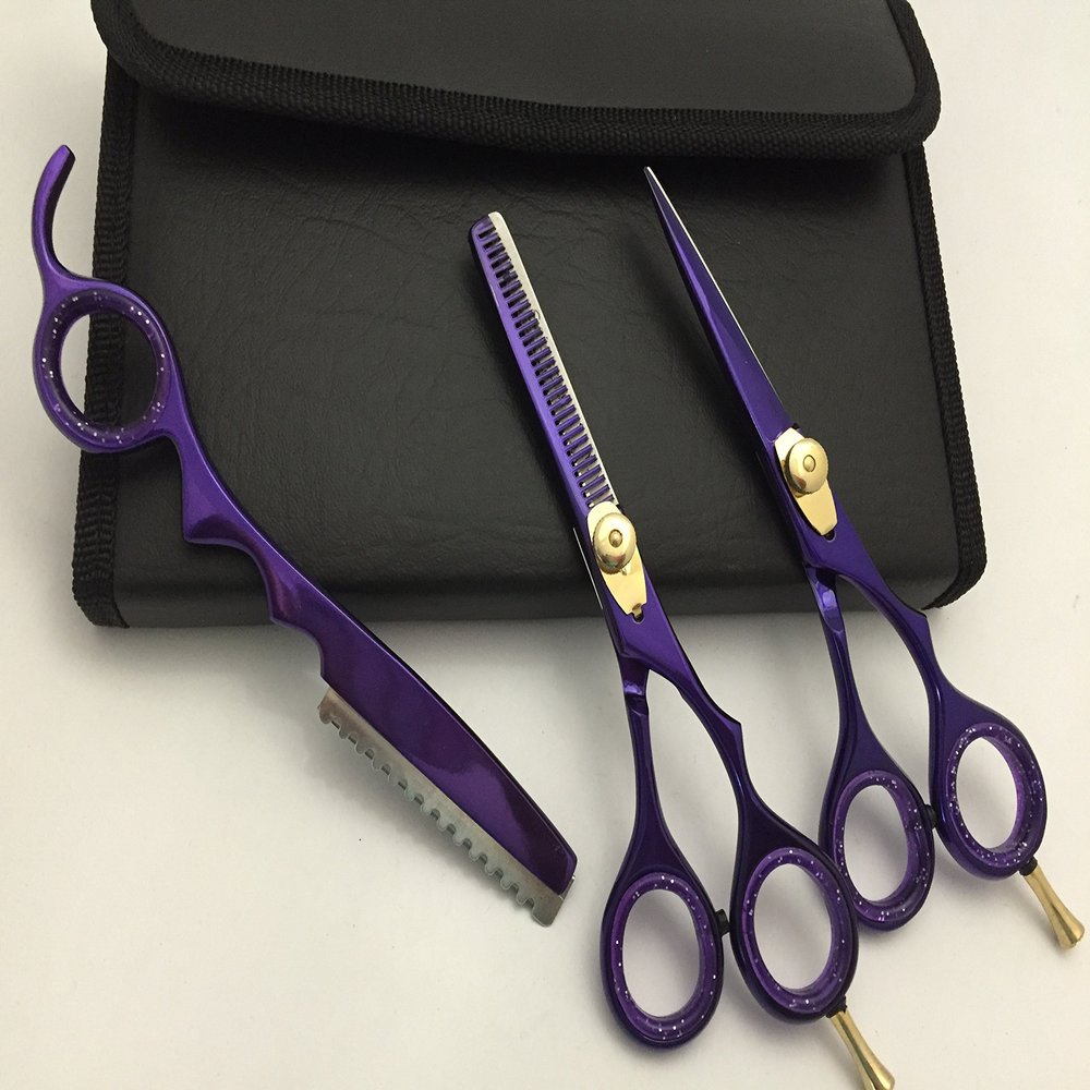 5.5" Professional Barber Razor Edge Powder Coated Hair Cutting and Texturizing Shears Scissors Purple with Straight Razor Student Teacher Kit Set+case Black
