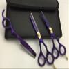 5.5" Professional Barber Razor Edge Powder Coated Hair Cutting and Texturizing Shears Scissors Purple with Straight Razor Student Teacher Kit Set+case Black view 1