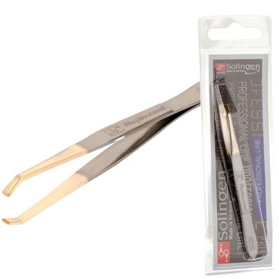 Solingen Tweezers for Eyebrows | Slanted Tip | Professional Stainless Steel |Slanted Tip Tweezers | Best Shaped for Eyebrows Extensions Chin Cheek Face Facial Hair | Made in Germany (Nickel-Gold)