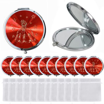 12 PCS Quinceanera Red Compact Round Hand Mirror Sweet 15 Princess Design with Organza Gift Bag Girl