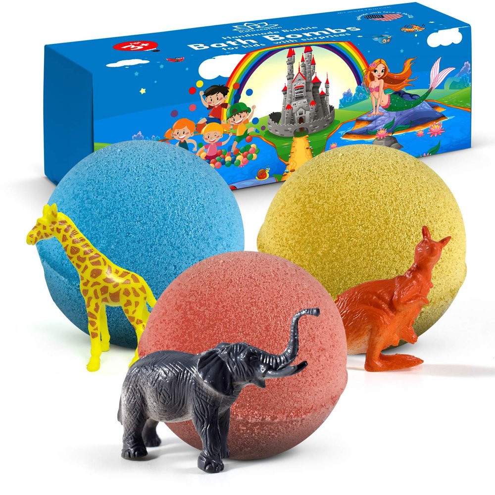 3 Handmade Bath Bombs for Kids with Wild Animals Toys Inside for Boys and Girls  Big Size Toys Natural and Safe Bath Fizzies - Great Gift Set for Boys and Girls