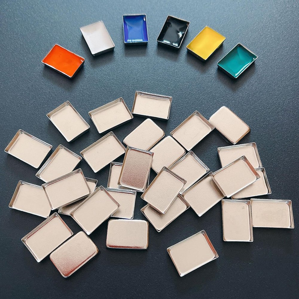FCLUB 100PCS Tiny Empty Metal Pans 3/4" 1/2" (0.6ml) Shallow Rectangle Eyeshadow & Cosmetic Pans for Makeup, Watercolor, Lipstick, Blush, Foundation, DIY Magnetic Palette Refills