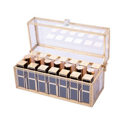 Elegant Copper + Glass Lipstick Organizer Case with Dustproof Lid Lipgloss 21 Spaces Holder Makeup Storage Beauty Container Cosmetic Display Box