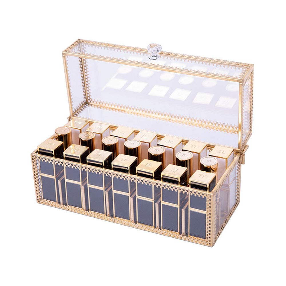 Elegant Copper + Glass Lipstick Organizer Case with Dustproof Lid Lipgloss 21 Spaces Holder Makeup Storage Beauty Container Cosmetic Display Box