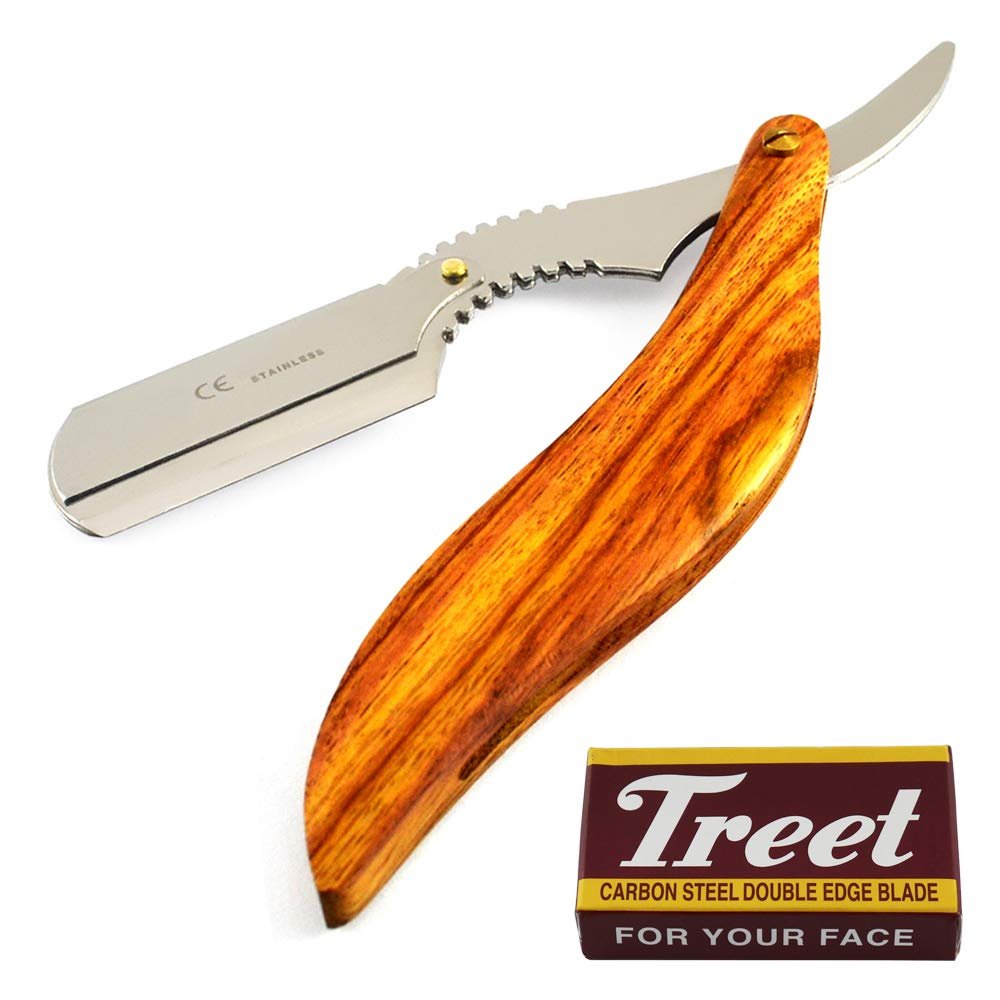 Professional Stylish Wood Straight Razor Barber Hair Shaving Salon Men Cut Throat Shavette Folding Knife Single Edge Blades