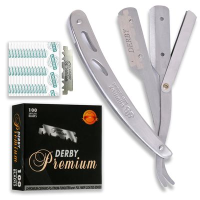 Equinox Straight Edge Razor - Includes 100 Single Derby Blades - Professional Manual Shaver - Stainless Straight Razor Steel - Ideal for Close Shaving - Stainless Straight Razor