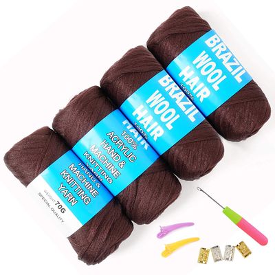 100% Brazilian Wool Hair Acrylic Yarn for African Braids/Senegalese Twist/Faux Locs/Wraps and Crochet Hook(4 Roll,Coffee Brown)