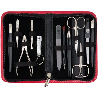 3 Swords Germany  brand quality 12 piece manicure pedicure grooming kit set for professional finger & toe nail care with red synthetic leather case - Made in Germany