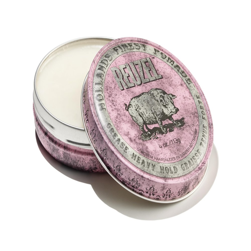 REUZEL Pink Grease Pomade, Strong All Day Hold, Oil-Based Styling Wax, Medium Shine, Easy To Wash Out, For All Hair Types