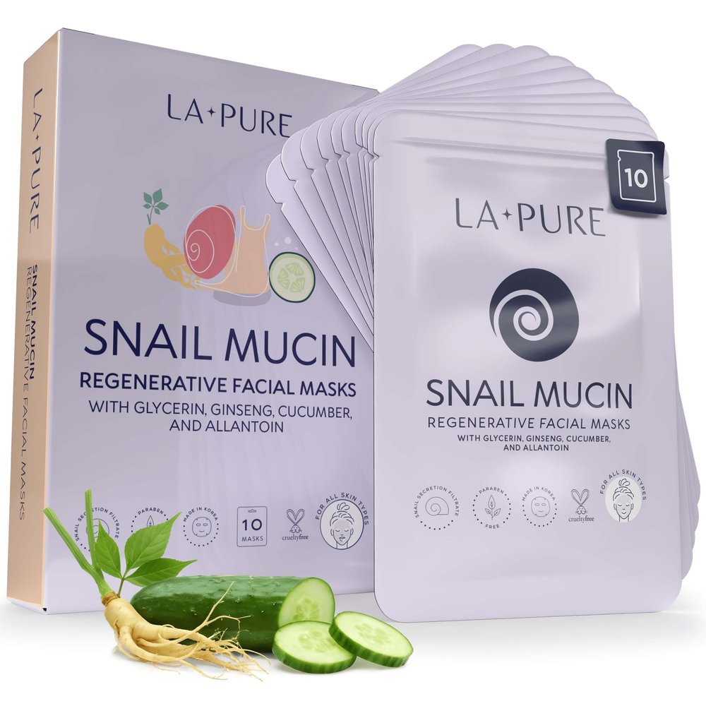 LA PURE Snail Mucin Mask 10ct Korean Sheet Mask Pack for Signs of Aging, Aid Skin Repair & Hydration Pure Snail Mask for Face with Collagen & Hyaluronic Acid Cruelty-Free Hydrating Sheet Mask
