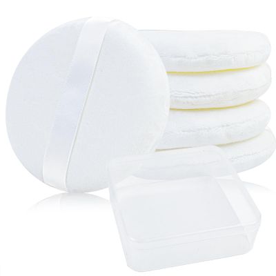 5 Pack Extra Large Body Powder Puff and Container, Soft Cotton 4.13 Inch Dusting Puffs with Washable Round Container for Woman Baby Body Face Loose Powder