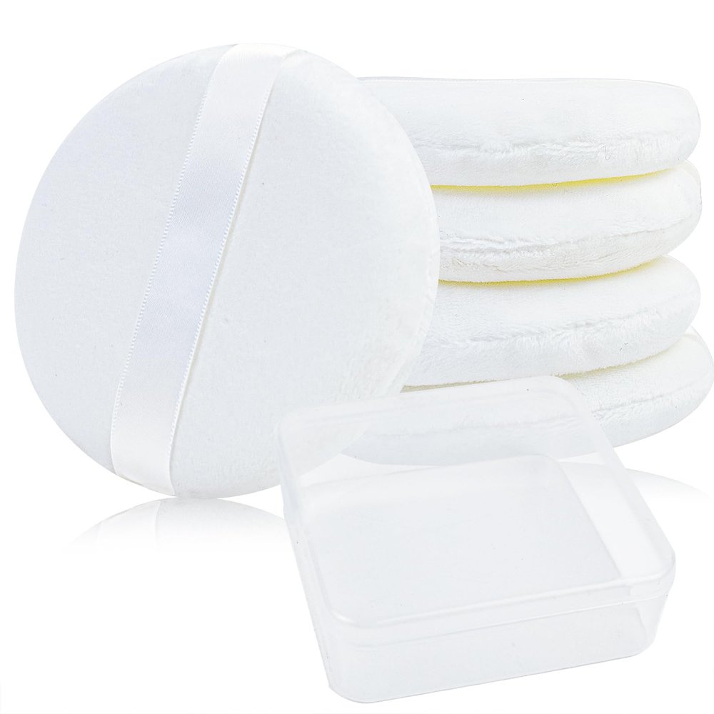 5 Pack Extra Large Body Powder Puff and Container, Soft Cotton 4.13 Inch Dusting Puffs with Washable Round Container for Woman Baby Body Face Loose Powder