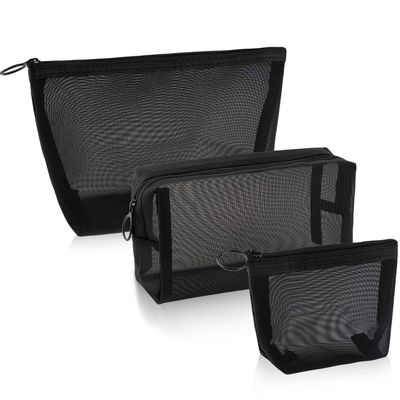 Boao 3 Piece Mesh Cosmetic Bag Mesh Makeup Bag with Zipper Pouch Travel Toiletry for Makeup Organizer Home Office Travel Accessories(Black)