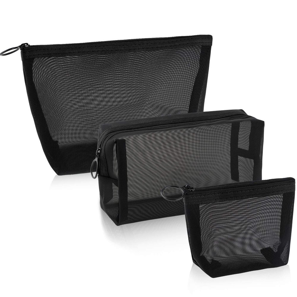 Boao 3 Piece Mesh Cosmetic Bag Mesh Makeup Bag with Zipper Pouch Travel Toiletry for Makeup Organizer Home Office Travel Accessories(Black)