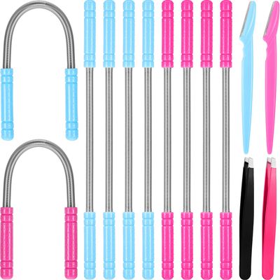 14 Pieces Facial Hair Remover Spring Epilator Set Eyebrow Razors Beveled Tweezers Removes Hairs Women Face Threading Tool(Color A)