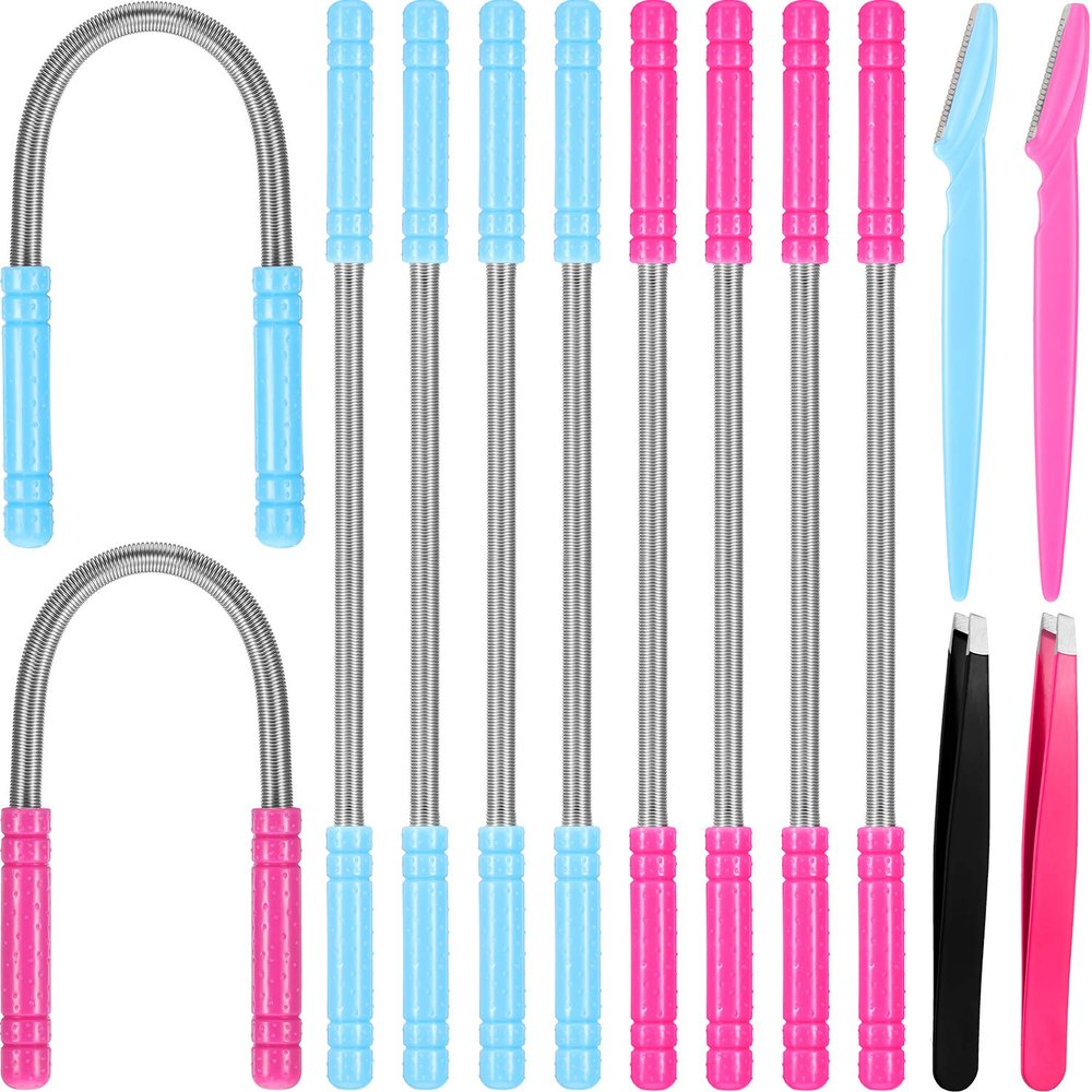 14 Pieces Facial Hair Remover Spring Epilator Set Eyebrow Razors Beveled Tweezers Removes Hairs Women Face Threading Tool(Color A)
