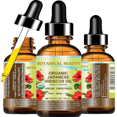 Botanical Beauty Organic HIBISCUS OIL (Hibiscus Sabdariffa) JAPANESE 100 Pure Natural VIRGIN UNREFINED COLD PRESSED Anti Aging, Vitamin E Oil for FACE, SKIN, HAIR GROWTH (0.5 Fl Oz)