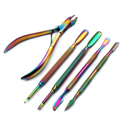 AAProTools Cuticle Pusher Remover with Nipper Rainbow Stainless Steel Manicure Nail Art Tool Set